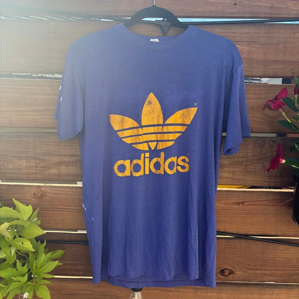 80s Adidas Graphic T-Shirt Mens L Purple Vintage Made in USA Trefoil Distressed